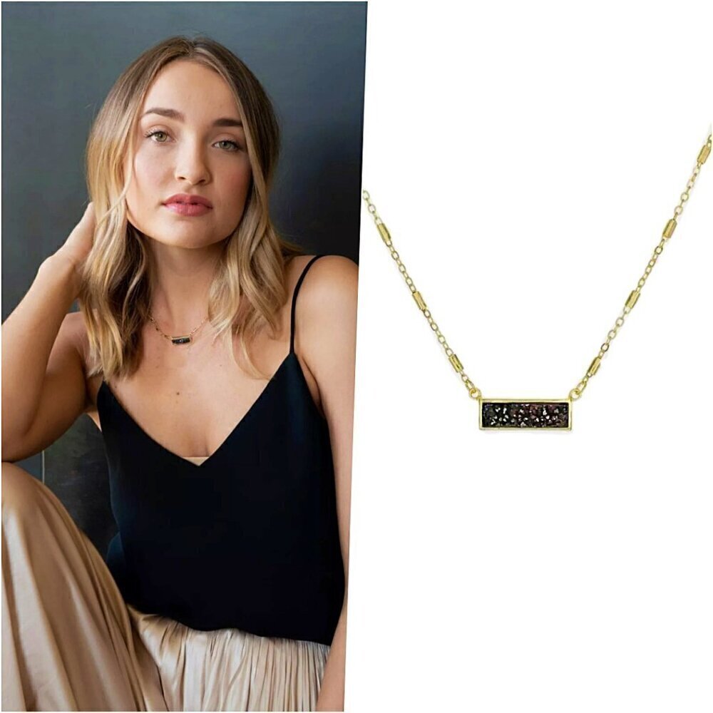Nordstrom 14k Gold Bar Black Drusy Genuine Stone Necklace Preppy Chic